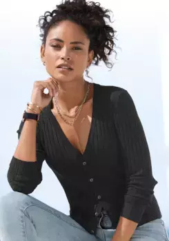 Кардиган LASCANA, из мягкой ткани в рубчик, облегающий фигуру, базовый, черный