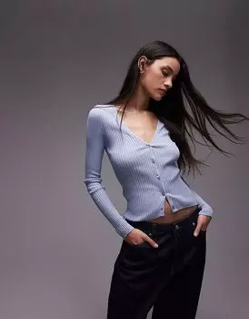 Кардиган Mango из смеси тонкого льна в рубчик нежно-голубого цвета