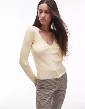 Кардиган Mango из смеси тонкого льна в рубчик бледно-желтого цвета
