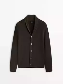 Кардиган Massimo Dutti knit with shawl collar, тёмно-коричневый