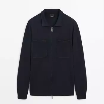 Кардиган Massimo Dutti Knit With Zip And Shirt Collar, темно-синий
