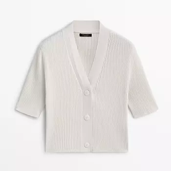 Кардиган Massimo Dutti Ribbed Cotton And Silk Blend, кремовый