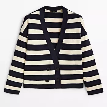 Кардиган Massimo Dutti Striped Cotton, черный/кремовый
