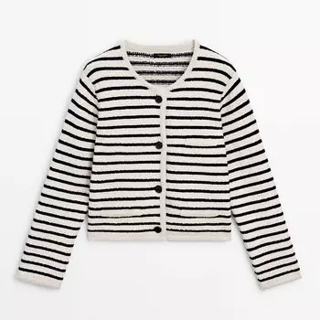 Кардиган Massimo Dutti Striped Knit Textured With Buttons, кремовый