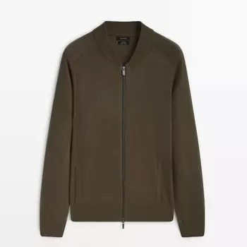 Кардиган Massimo Dutti Wool And Cotton Blend Knit Zip-up, хаки