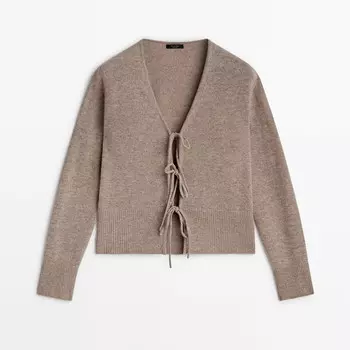 Кардиган Massimo Dutti Wool Blend Knit With Bow Detail, коричневый