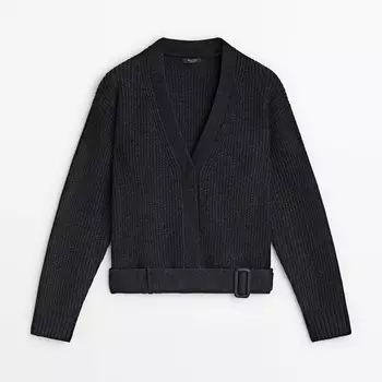 Кардиган Massimo Dutti Wool Blend Knit With Belt Detail, темно-серый