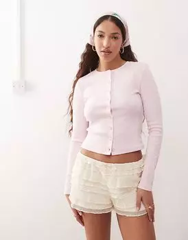 Кардиган Miss Selfridge с круглым вырезом и застежкой на пуговицы в рубчик нежно-розового цвета