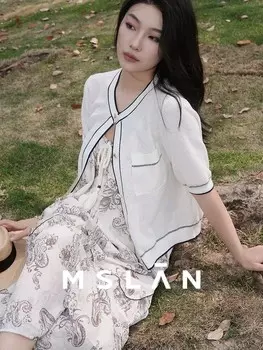 Кардиган MSlan 2024 с круглым вырезом и контрастным дизайном, кремовый