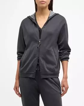 Кардиган на молнии с капюшоном из хлопка и шелка Brunello Cucinelli, цвет C9185 Black