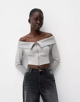 Кардиган на молнии с вырезом бардо Bershka, серый