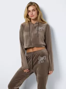 Кардиган Noisy may Strickjacke Velours Kapuze Kordelzug Strass-Details, коричневый