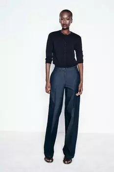 Кардиган однотяжной вязки с рукавом 3/4 ZARA, темно-синий