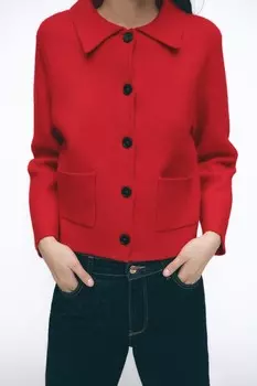 Кардиган однотяжной вязки ZARA, красный