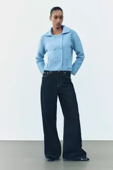 Кардиган плотной вязки с воротником питер пэн ZARA, светло-голубой