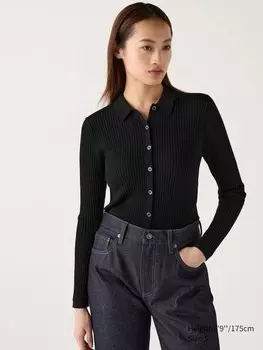 Кардиган поло в рубчик из мериноса Uniqlo, черный
