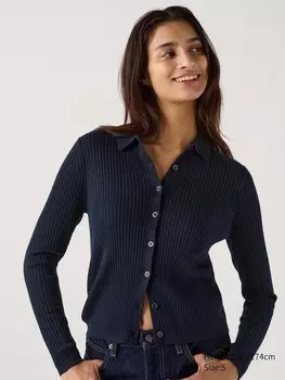 Кардиган поло в рубчик из мериноса Uniqlo, синий