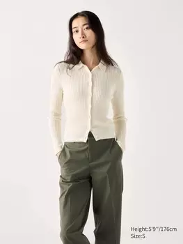 Кардиган поло в рубчик из мериноса Uniqlo, белый