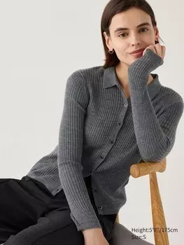 Кардиган поло в рубчик из мериноса Uniqlo, серый