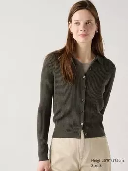 Кардиган поло в рубчик из мериноса Uniqlo, зеленый