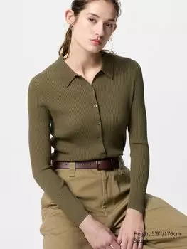 Кардиган поло в рубчик Uniqlo, цвет 57 зеленый