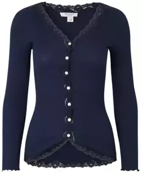 Кардиган Rosemunde "Babette Silk Cardigan", отделка из винтажного кружева по вырезу и планка с перламутровыми пуговицами, цвет морской волны