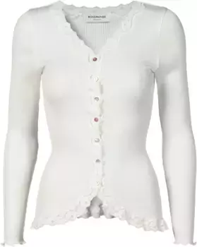 Кардиган Rosemunde "Babette Silk Cardigan", отделка из винтажного кружева по вырезу и планка с перламутровыми пуговицами, белый