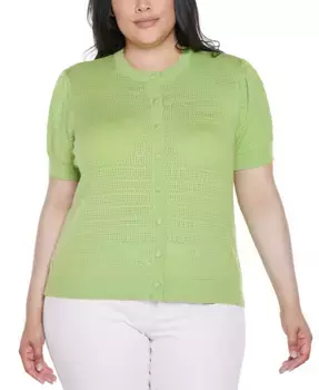 Кардиган с ажурной вязкой и фигурной планкой Plus Size Belldini, зеленый
