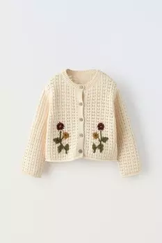 Кардиган с цветочным вязанием ZARA, экрю