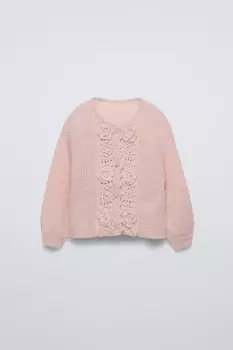 Кардиган с цветочным вязанием ZARA, бледно-розовый