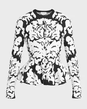 Кардиган с дамасской жаккардовой баской и баской Alexander McQueen, цвет Ivory Mult