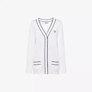 Кардиган с интарсией и логотипом, с плечом реглан, из смесового шелка Prada, белый