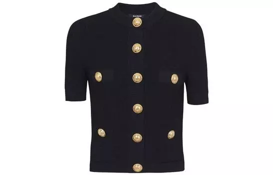 Кардиган с короткими рукавами и рельефной пуговицой BALMAIN, черный