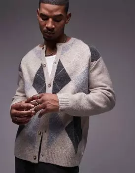 Кардиган с круглым воротником в бежевый ромбовидный узор Topman