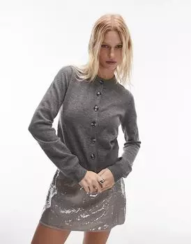 Кардиган с круглым вырезом и пуговицами из смеси шерсти серого цвета Mango