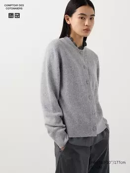 Кардиган с круглым вырезом из овечьей шерсти Uniqlo, серый