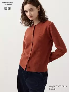 Кардиган с круглым вырезом из овечьей шерсти Uniqlo, оранжевый