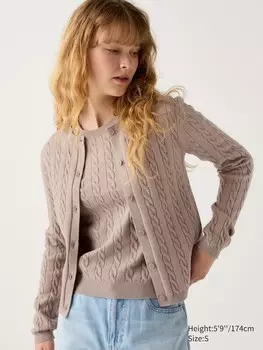 Кардиган с круглым вырезом на шнуровке Uniqlo, бежевый