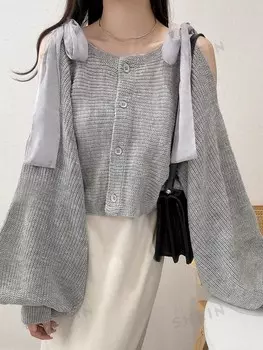 Кардиган с объемными рукавами и завязками на плечах Для женщин простой, на весну и осень Friful, серый