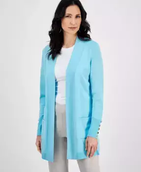 Кардиган с открытой полочкой и пуговицами на манжетах Petite JM Collection, синий