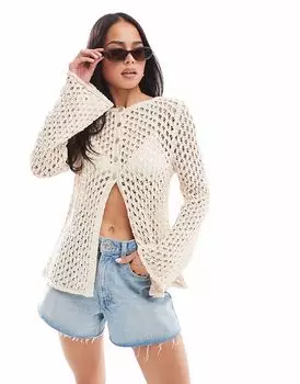 Кардиган с разрезом по горловине ASOS DESIGN, связанный крючком, цвет слоновой кости