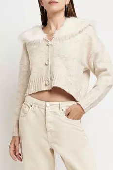 Кардиган с воротником из искусственного меха River Island, бежевый