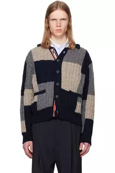 Кардиган с воротником-стойкой, жаккардовыми узорами и детской косой Thom Browne, мультиколор