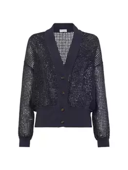 Кардиган с вышивкой Dazzling Net из мохера и шерсти Brunello Cucinelli, синий