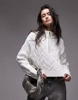 Кардиган с высоким воротом, связанный косами, цвета слоновой кости Topshop