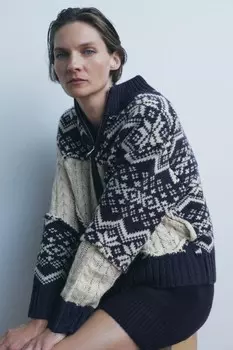Кардиган с жаккардовым узором ZARA, экрю/синий