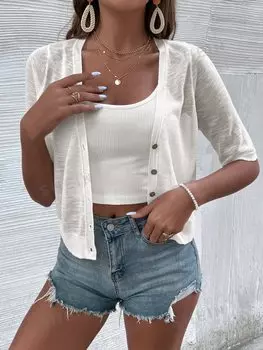 Кардиган Shein Lune с короткими рукавами и открытой передней частью, белый