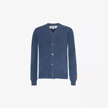 Кардиган шерстяной вязки с V-образным вырезом и аппликацией в виде сердечек Comme des Garons, темно-синий