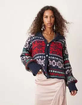 Кардиган snowdrift fairisle темно-синего и красного цвета Free People