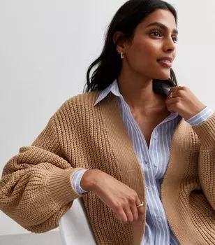 Кардиган светло-коричневой вязки с объемными рукавами New Look, песочный